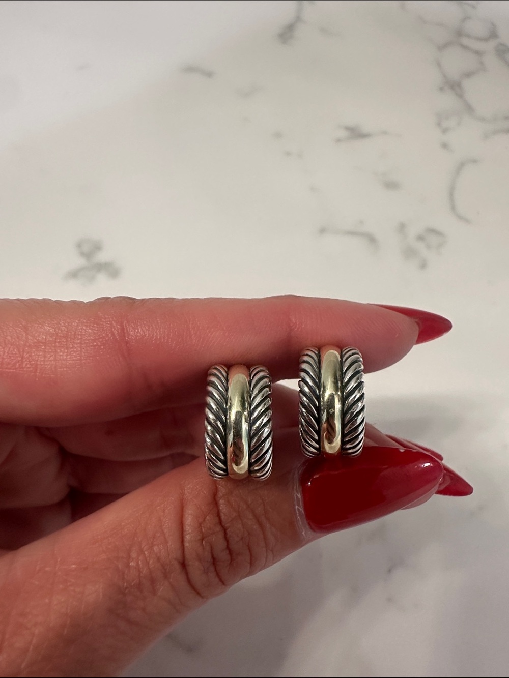 David Yurman Two-Tone Twisted Hoop Drop Earrings in Silver and Gold - Picture 2 of 5